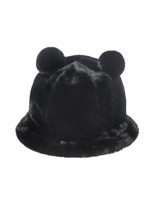 Fashion Black Leopard Print Bear Ear Ball Plush Fisherman Hat