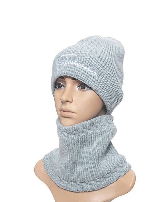 Fashion Blue Two-piece Woolen Hat With Fleece Knitted Bib