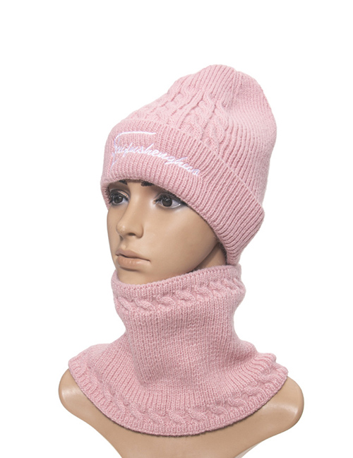 Fashion Pink Two-piece Woolen Hat With Fleece Knitted Bib