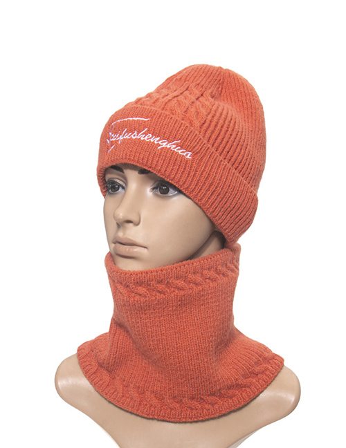 Fashion Orange Two-piece Woolen Hat With Fleece Knitted Bib