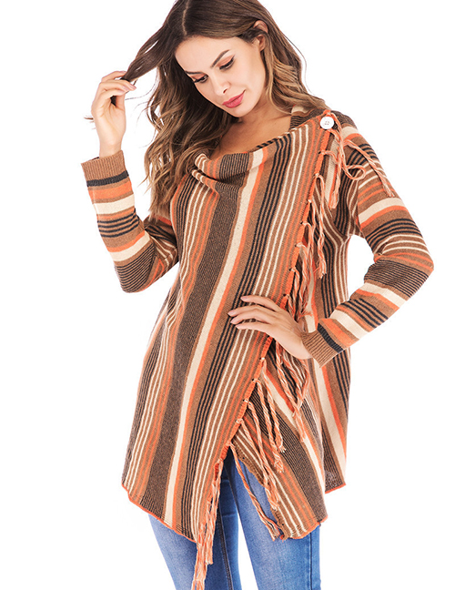 Fashion Orange Stripes Fringed Stripe Contrast Knit Sweater