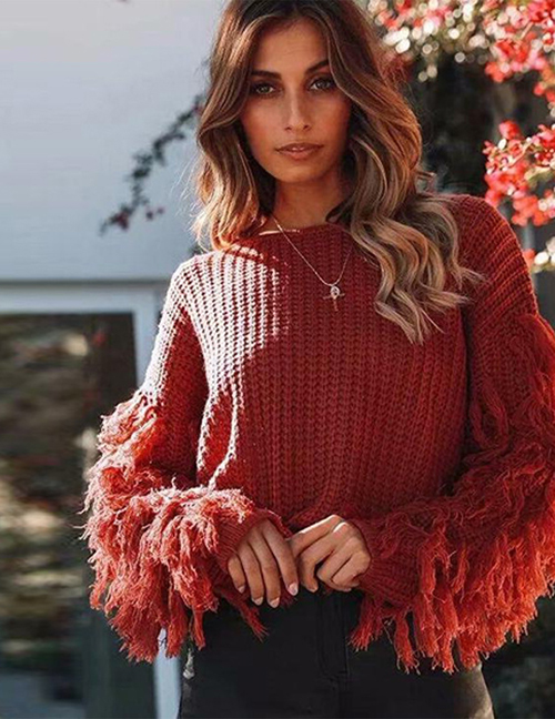 Fashion Red Wine Fringed Long Sleeve Knit Pullover