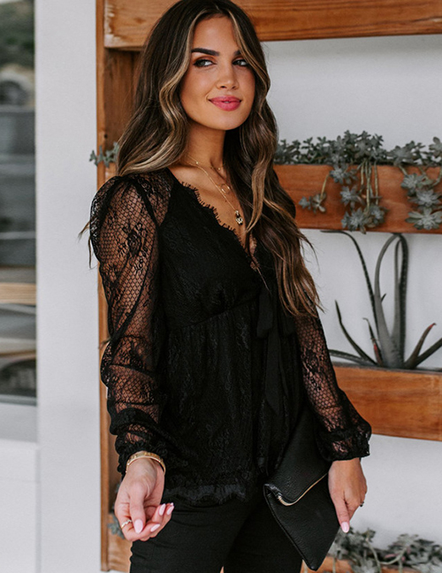 Fashion Black Lace Embroidered Lace Bow Tie Top