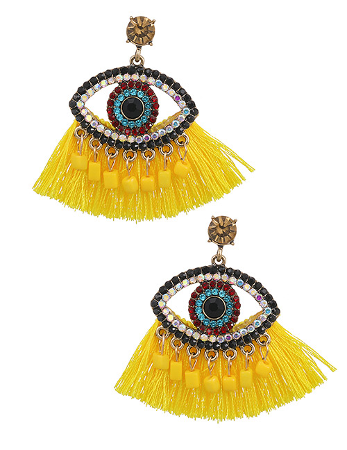 Fashion Yellow Alloy Diamond Eye Tassel Stud Earrings