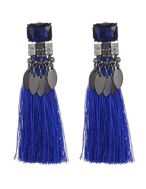 Fashion Royal Blue Alloy Diamond Tassel Stud Earrings