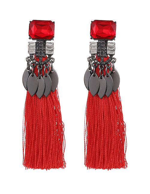 Fashion Red Alloy Diamond Tassel Stud Earrings