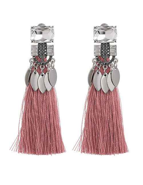 Fashion Leather Pink Alloy Diamond Tassel Stud Earrings