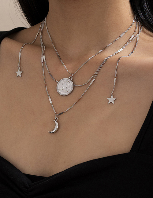 Fashion White K Human Head Embossed Stars And Moon Multilayer Necklace
