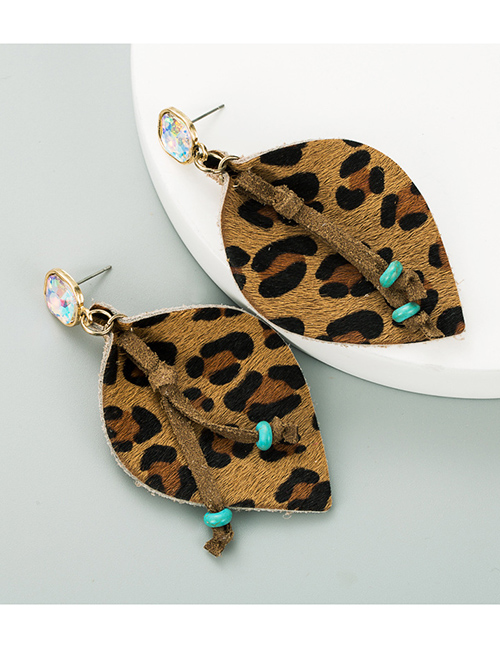Fashion Brown Leopard-print Gold And Diamond Earrings In Leather