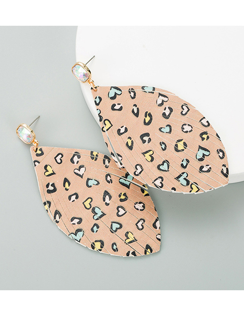 Fashion Brown Printed Heart-shaped Leather Tassel Drop Earrings