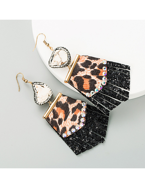 Fashion White Leopard-print Leather Natural Stone And Diamond Earrings