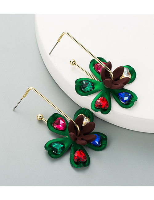 Fashion Green Painted Flower Color Diamond Love Earrings