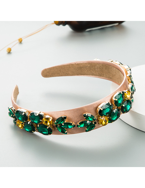 Fashion Pink+green Wide Hair Band With Diamonds And Flowers