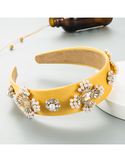 Fashion Yellow Fabric Wide Brim Cross Pearl Diamond Headband