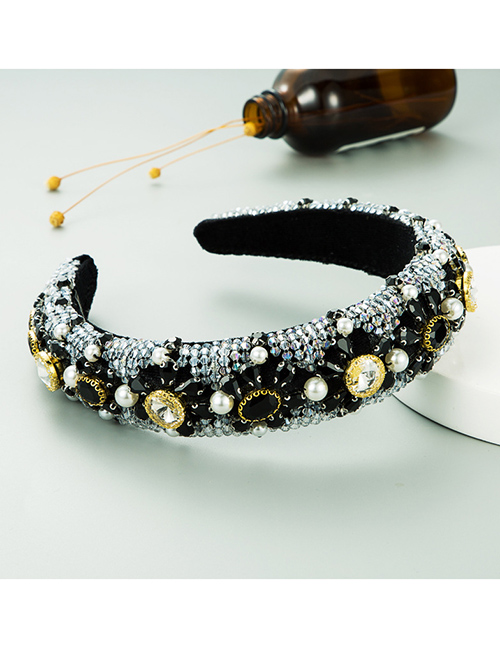 Fashion Black Crystal Beaded Pearl Gold Velvet Cloth Diamond Headband