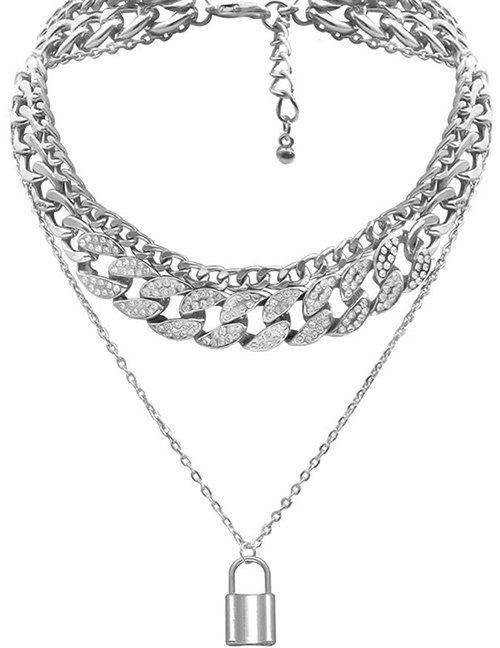 Fashion Silver Alloy Lock Micro Diamond Multi-layer Necklace