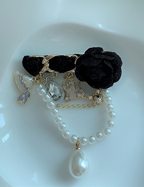 Fashion Black Camellia Pearl Tassel Brooch