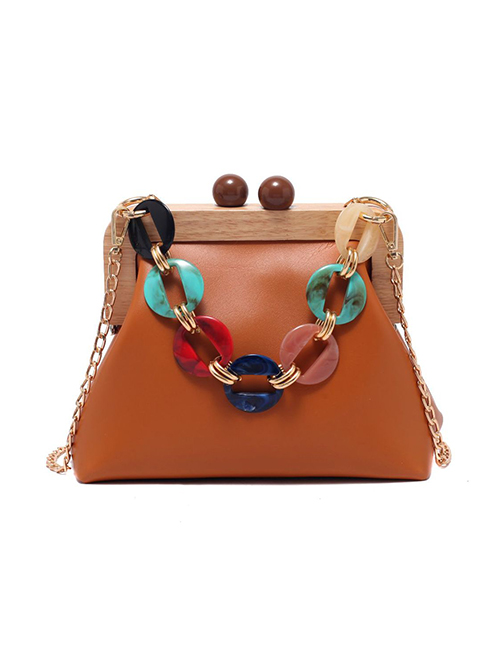 Fashion Brown Wooden Lock Shell Acrylic Chain Shoulder Messenger Bag