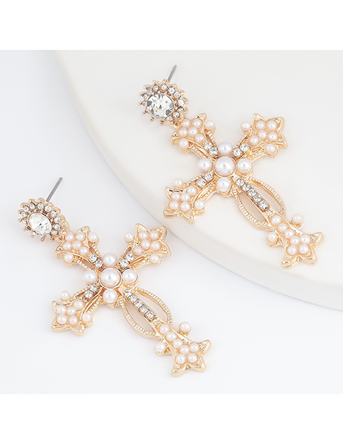Fashion Gold Color Alloy Diamond Imitation Pearl Cross Earrings