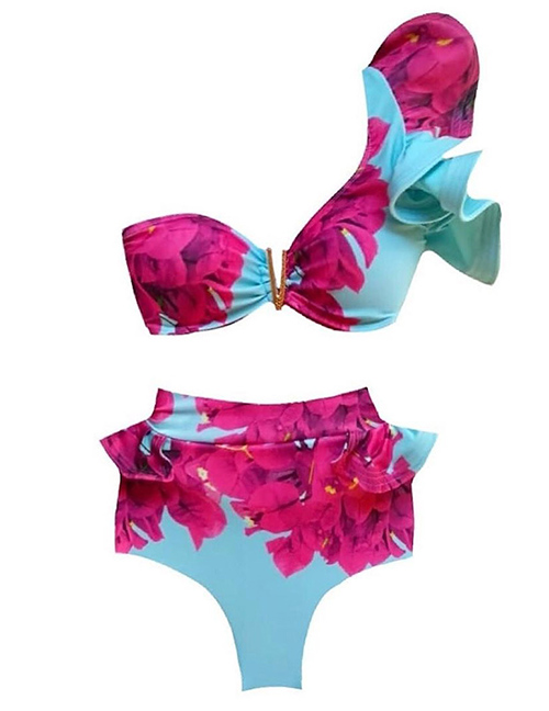 Fashion Rose Safflower Ruffled Print Split Swimsuit