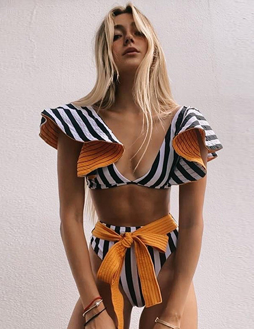 Fashion Stripe Ruffled Print Split Swimsuit