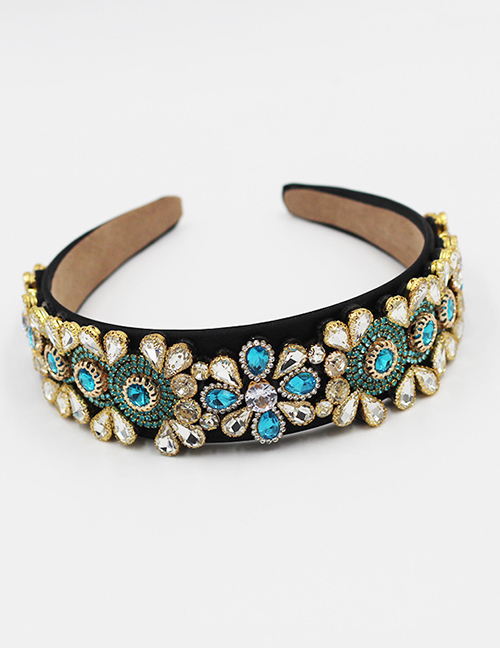 Fashion Blue Broad-brimmed Headband With Diamonds And Gems Geometric Flowers