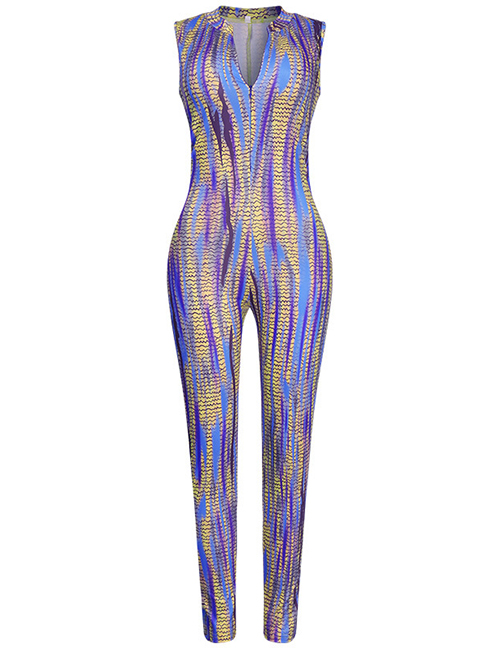 Fashion Blue Deep V Stripe Sleeveless Skinny Jumpsuit