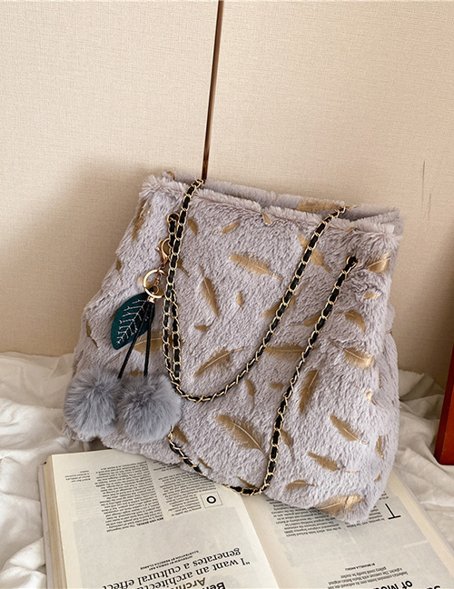 Fashion Gray Plush Bronzing Feather Chain Shoulder Messenger Bag