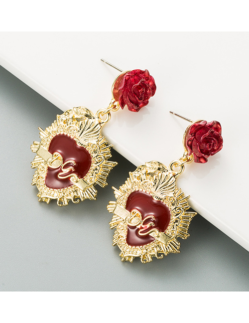 Fashion Red Alloy Rose Flower Drop Oil Letter Love Earrings