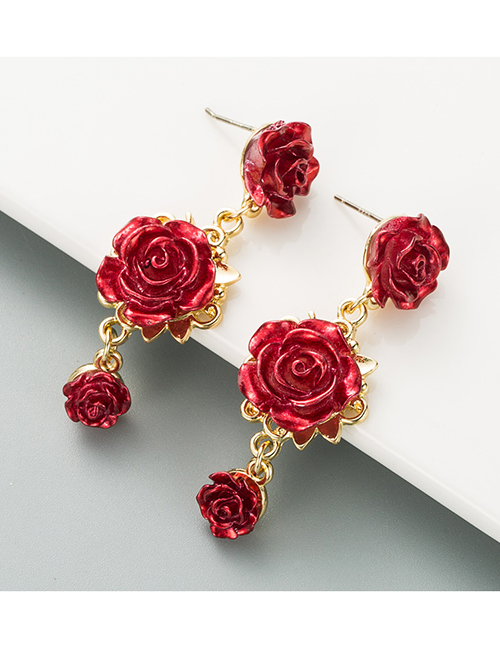 Fashion Red Three-dimensional Rose Flower Alloy Earrings