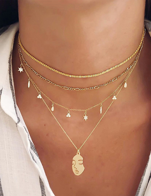Fashion Gold Color Alloy Multilayer Diamond Portrait Necklace