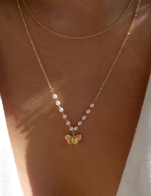 Fashion Gold Color Alloy Double Pearl Butterfly Necklace