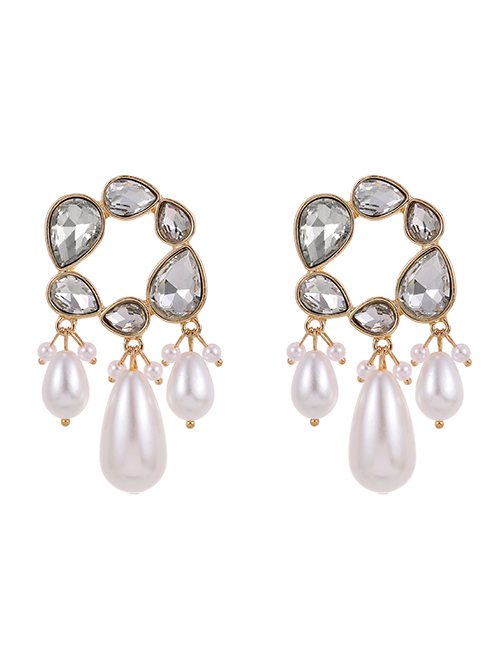 Fashion White Alloy Diamond Pearl Tassel Stud Earrings