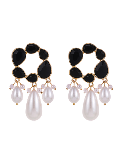 Fashion Black Alloy Diamond Pearl Tassel Stud Earrings