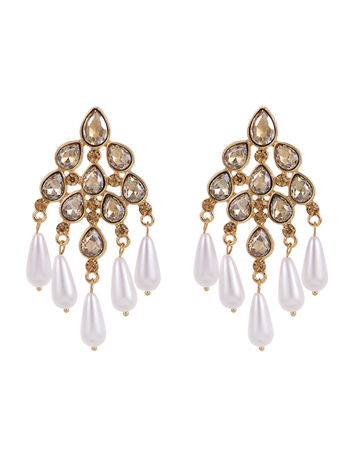 Fashion Champagne Alloy Diamond Pearl Tassel Stud Earrings