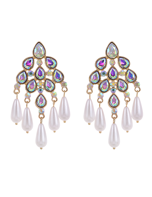 Fashion Ab Color Alloy Diamond Pearl Tassel Stud Earrings