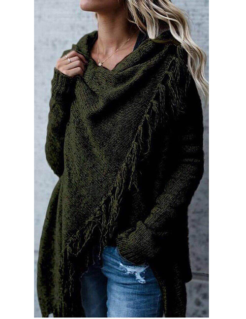 Fashion Armygreen Mid-length Tassel Slash Coat Sweater
