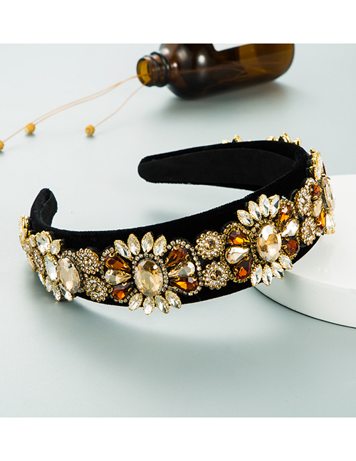 Fashion Brown Glass Diamond Non-slip Gold Velvet Flower Wide-brimmed Headband