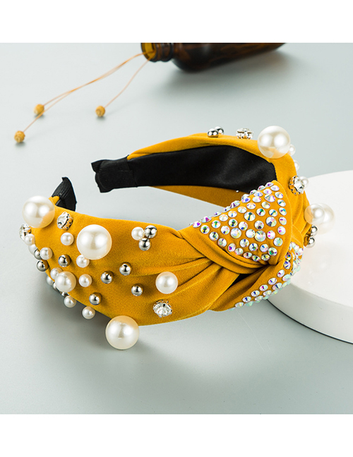 Fashion Yellow Broad-edged Studded Pearl Knotted Headband With Diamonds