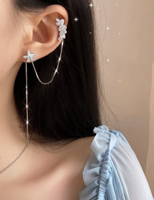 Fashion Silver Color Needle-real Gold Plating Flowers Long Chain Butterfly Geometric Ear Clamp Earrings