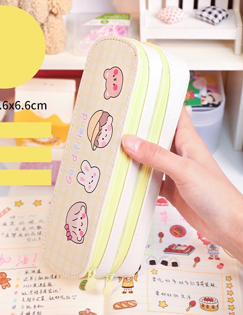 Fashion Yellow Four Heads Large-capacity Canvas Printing Double-layer Pencil Case