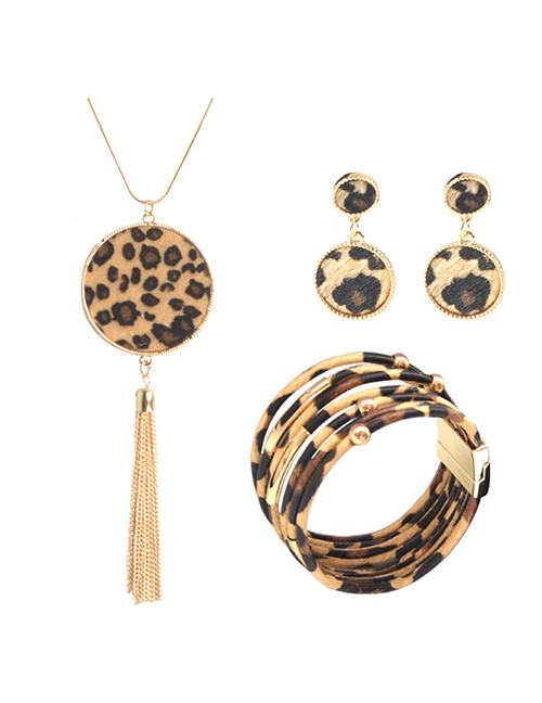 Fashion Round Suit Leopard Print Geometric Tassel Magnet Buckle Earrings Bracelet Necklace
