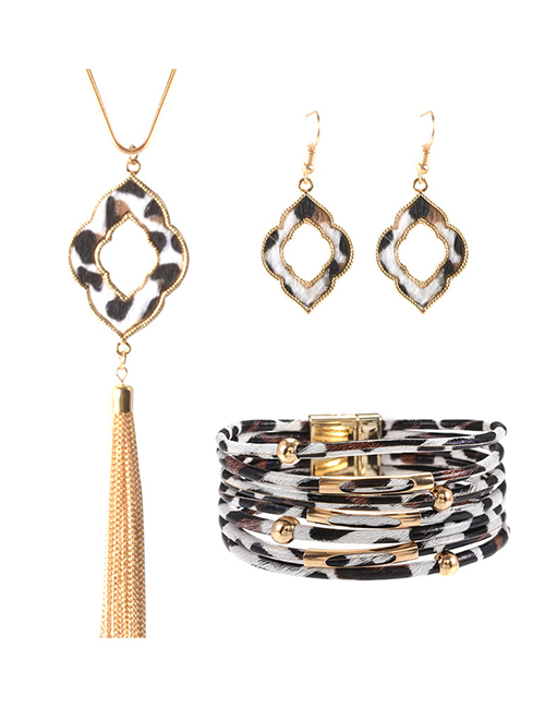 Fashion Hollow Four-leaf Clover Combination Leopard Print Tassel Geometric Alloy Earrings Necklace Bracelet