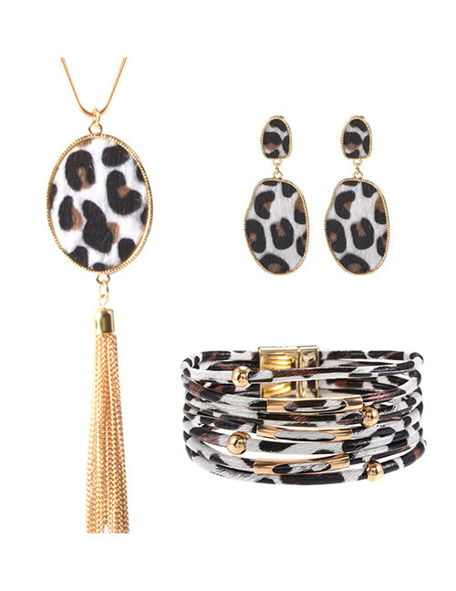 Fashion Oval Combination Leopard Print Tassel Geometric Alloy Earrings Necklace Bracelet