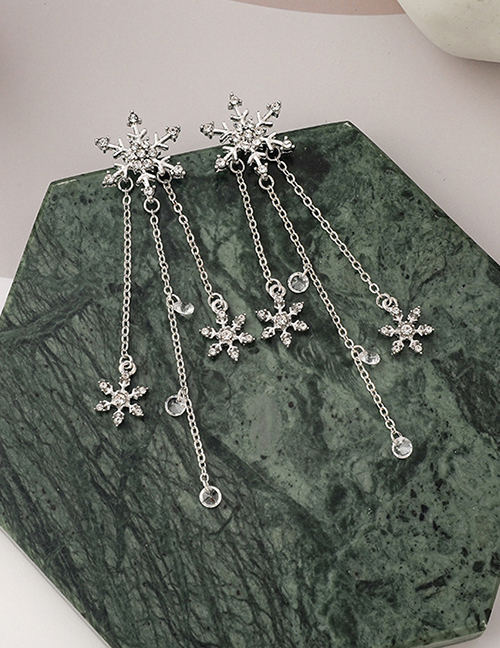 Fashion Silver Color Christmas Snowflake Long Tassel Diamond Earrings