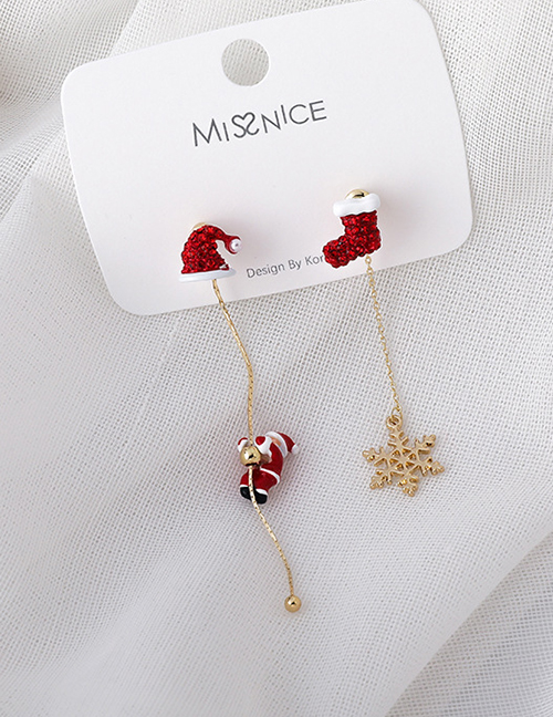 Fashion Red Christmas Snowflake Santa Claus Diamond Asymmetrical Earrings