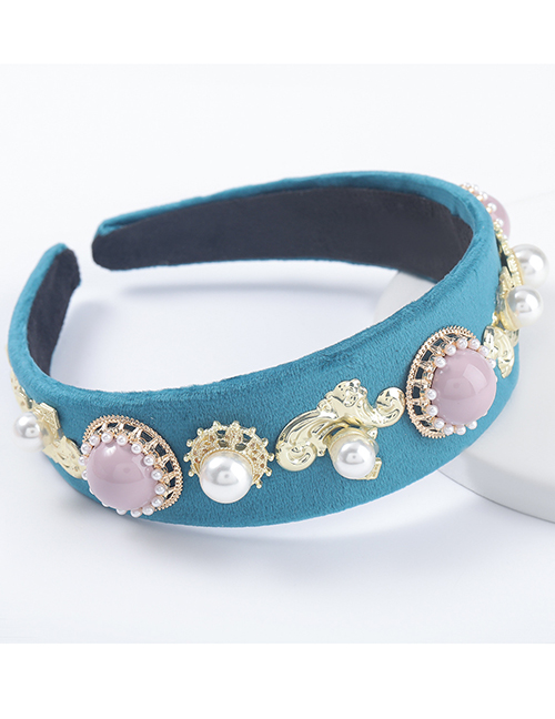 Fashion Blue Flannel Imitation Pearl And Diamond Round Headband