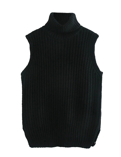 Fashion Black Turtleneck Thick Wool Knitted Vest