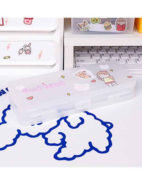 Fashion Double-layer Stationery Box-white Bubble Girl Large Capacity Transparent Double Layer Frosted Stationery Box