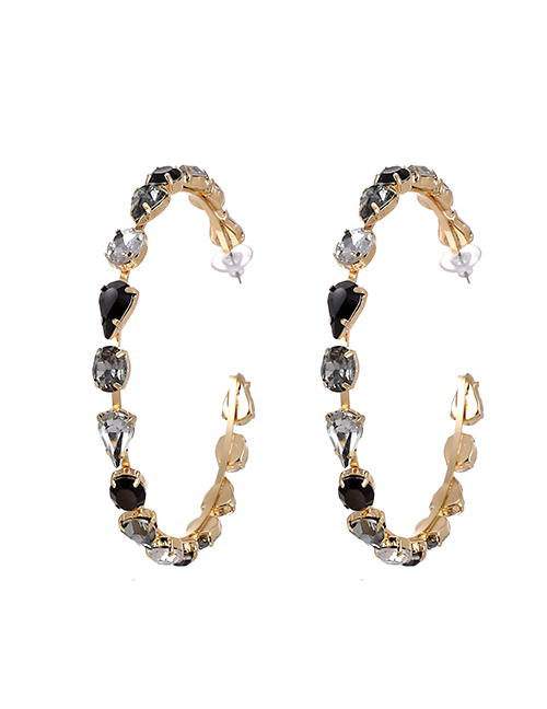 Fashion Black Alloy Diamond C-shaped Circle Earrings